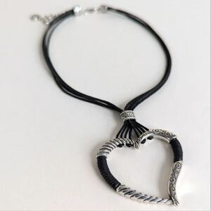 Brighton Heritage Necklace Y2K Open Heart Pendant Black Silver Cord Wrap Vintage